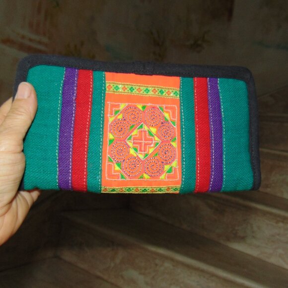 Handmade Colorful Wallet Guatemalan Aztec Stripe Embroidery Fabric Boho Festival - Picture 2 of 6